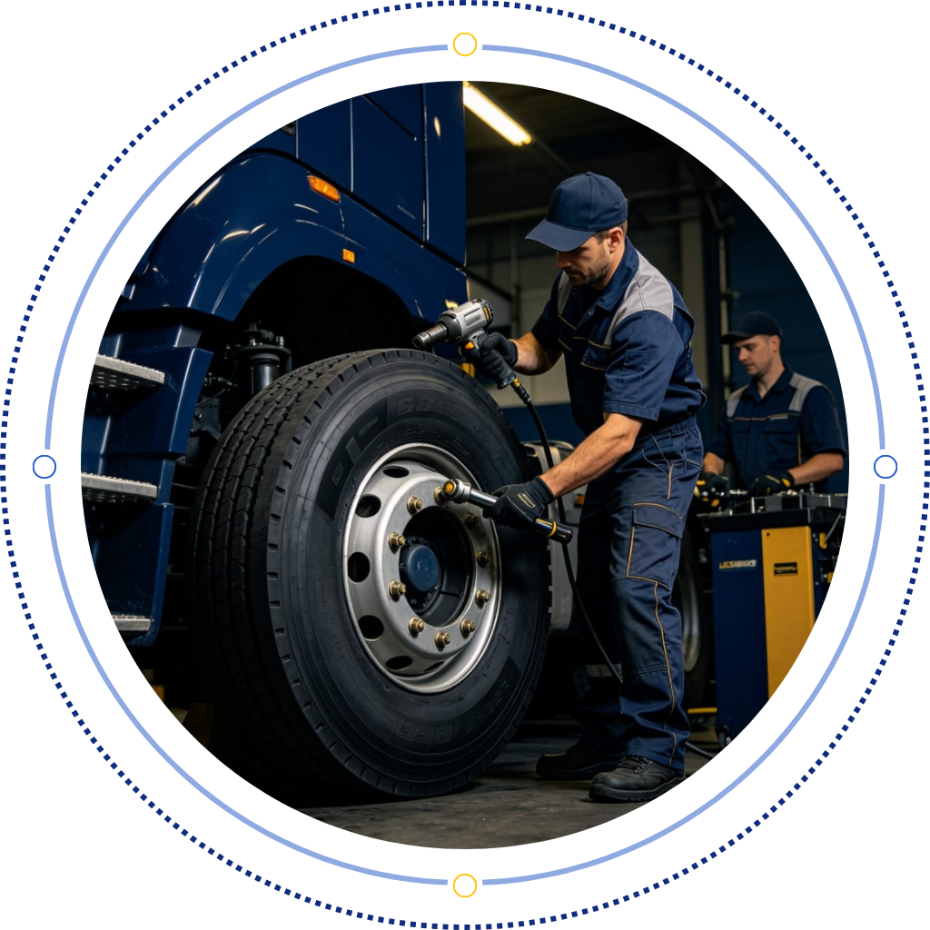 RA DIAN technician servicing a commercial tyre